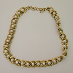 Vintage Glass Pearl Plated ring Linked Collar Necklace 20” Retrojewelry